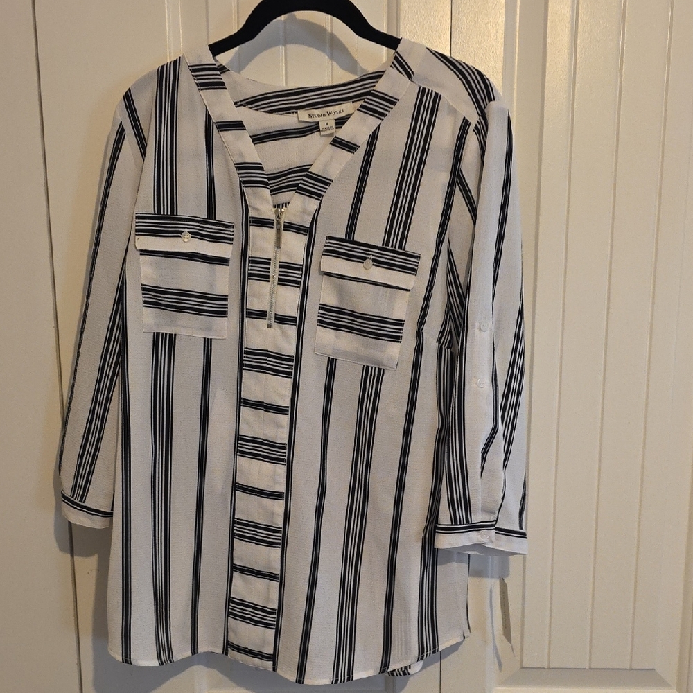 Zara Black and White Striped Button Down Shirt